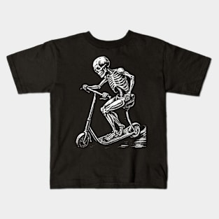 Skeleton on a scooter art in linear style Kids T-Shirt